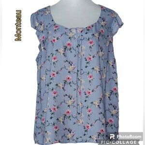 Monteau blouse sleeveless vertical strip floral tie ruffled sleeves sz 2x